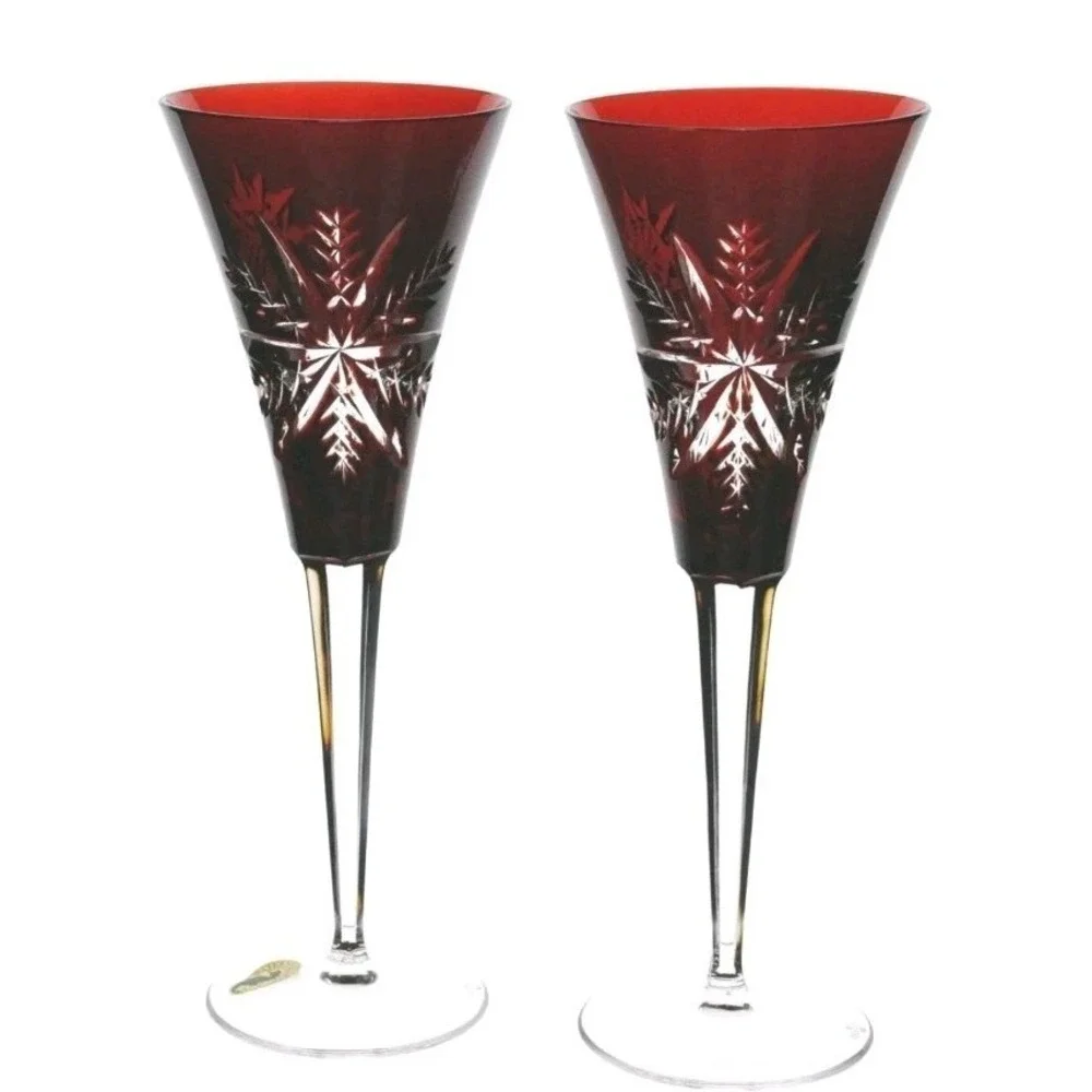 2 Waterford Ruby Red Snow Crystals Cut‎ to Clear Wine Champagne Flutes New